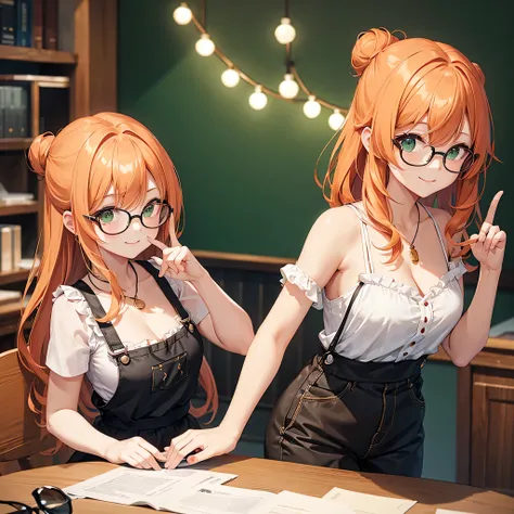 (highest quality:1.3),(masterpiece:1.3),girl,one person,very young,Upper body,Orange hair and slightly white wavy hair、Bun hair on the left side、Bangs pointing to the right、medium long hair、She is wearing a black ruffled camisole under green overalls.、Clea...