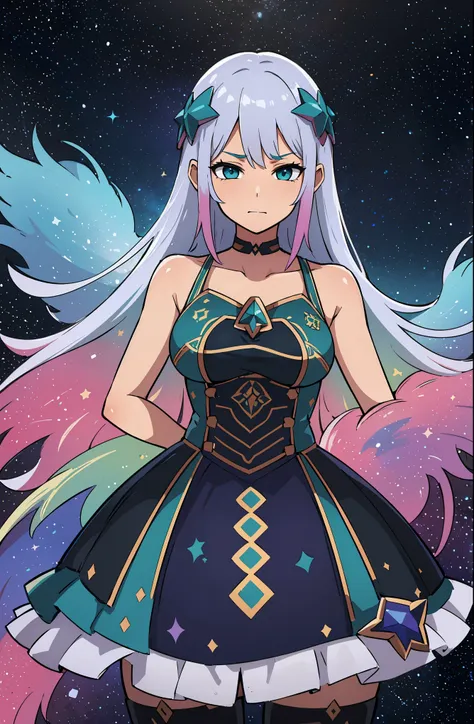 women with rainbow hair and detailed teal dress armor., de pie, rainbow colored cosmic nebula background, estrellas, galaxias, d...