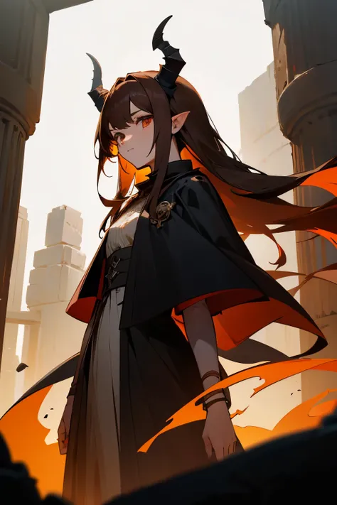 2 persone, girl and male. girl: 19 years old, tall, long brown hair, red eyes, black straight horns, white dress, black cape, old torn clothes, ancient ruin. male: brown hair, amber eyes, tall, old tattered clothes, black cape, ancient ruins