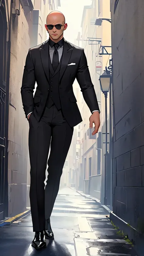 man,bald, big and sexy，wear an elegant black suit，wearing black sunglasses