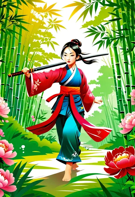 cute cartoon, Chinese martial arts, Vector illustration, 1 girl, bamboo forest, martial arts, energetic pose, Armed with a long sword, colorful clothing, traditional style, Featuring peonies and waves, bamboo forest environment is quiet and lush, high bamb...