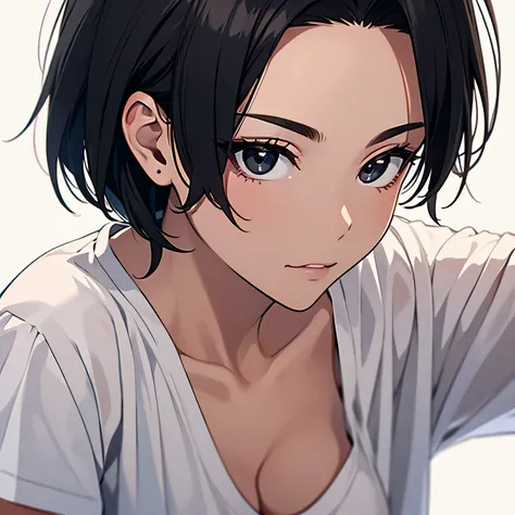 masterpiece,highest quality,Beautiful face and eyes in every detail,alone,skinny,(1 girl),flat chest,(black eye),black hair,very short:1.1 strand of hair,Side undercuts,(amount),Side undercuts,flowing bangs,(White V Neck T-Shirt),(white background),