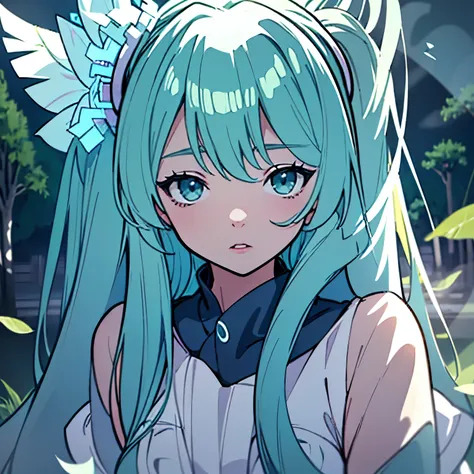 hatsune miku in the forest,beautiful detailed eyes,beautiful detailed lips,extremely detailed face,long eyelashes,anime style,po...