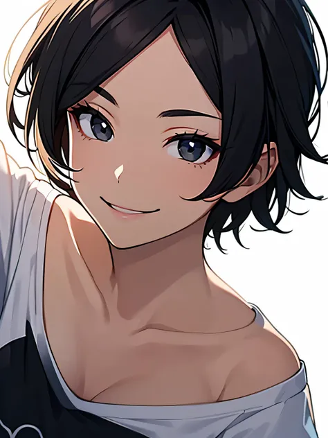 masterpiece,highest quality,Beautiful face and eyes in every detail,skinny,1 girl,flat chest,(black eye),black hair,very short hair,Side undercuts,amount,flowing bangs,(White V Neck T-Shirt),naughty smile,dynamic angle,(white background:1.2)