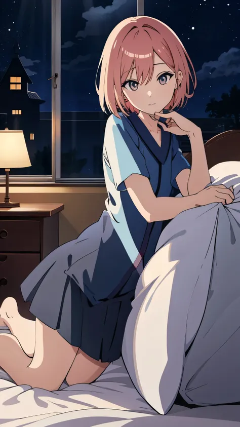 scene view,sky,anime style,on the bed, house light ,night,, headrest, strong angle, curtsy,