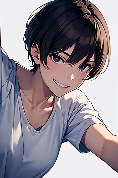 masterpiece,highest quality,Beautiful face and eyes in every detail,(black eye),alone,skinny、flat chest、 black hair,(very short hair),amount,flowing bangs,(grinning eyes),(white t-shirt),1 girl,(dynamic pose:1.2),(dynamic angle:1.2)、white background

