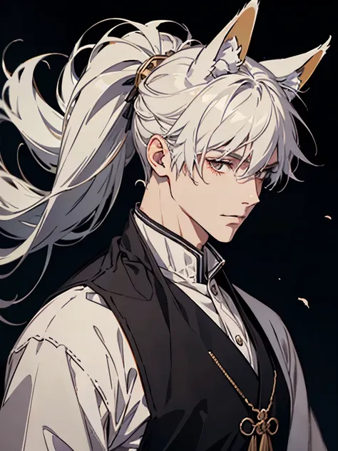 Fox Man, Guy with Gray hair, male, Fox ears, long fluffy ears, kitsune, standing, medieval dress looking at viewer, digital art, masterpiece, sharp, black background, close look, no background, portrait,