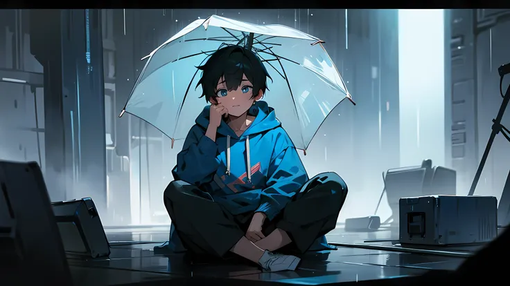 1 weak boy, chubby body, black hair, blue hoodie, sitting on the floor, crying, outside, raining, night, dark atmosphere, looking at viewer, high res, ultrasharp, 8k, masterpiece,