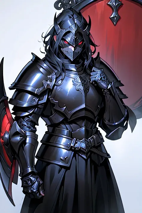 masterpiece , extremely detailed , official artwork , delicate, evil paladin he holds a black and red shield in his hand wearing...