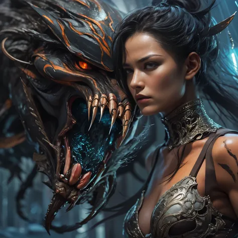 1 female alien, The predator, (extremely beautiful:1.2), (intense gaze:1.4), (predator:1.1), long dark claws, (NSFW:1), nipples, thick eyebrows, (She has shining sky blue orange eyes:1.2), the most beautiful face in the universe, jet black hair, symmetrica...