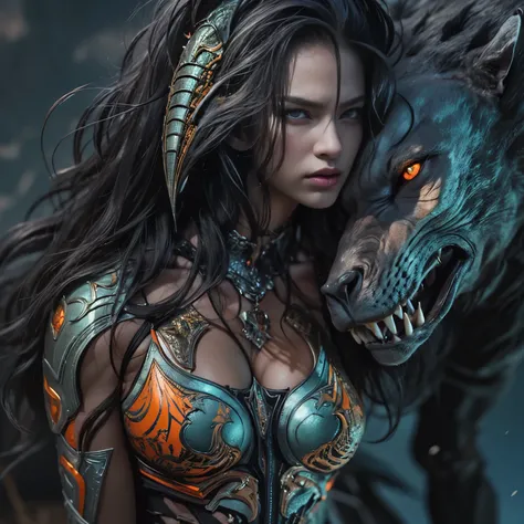 1 female alien, The predator, (extremely beautiful:1.2), (intense gaze:1.4), (predator:1.1), long dark claws, (NSFW:1), nipples, thick eyebrows, (She has shining sky blue orange eyes:1.2), the most beautiful face in the universe, jet black hair, symmetrica...