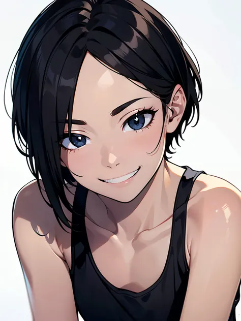 masterpiece,highest quality,Beautiful face and eyes in every detail,(black eyes),solo,skinny、flat chest、 black hair,(very short hair),forehead,swept bangs,(Grinning eyes),(white tank top),white background:1.2,dynamic angle