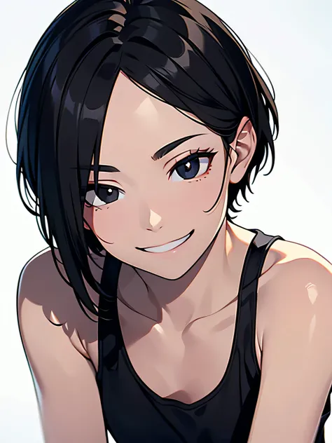 masterpiece,highest quality,Beautiful face and eyes in every detail,(black eye),alone,skinny、flat chest、 black hair,(very short hair),amount,flowing bangs,(grinning eyes),(white tank top),white background:1.2,dynamic angle