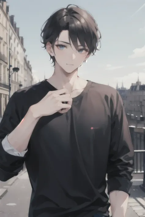 handsome man , Loose black shirt, Paris backdrop