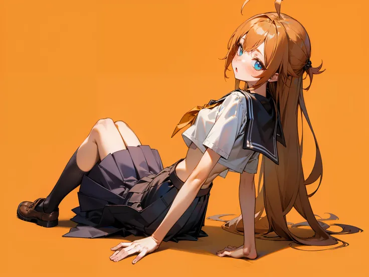 1girl, solo, skirt, long_hair, midriff, rating:safe, sitting, school_uniform, blue_eyes, brown_hair, pleated_skirt, blush, open_mouth, crop_top, serafuku, orange_background, :o, looking_back, looking_at_viewer, ahoge, arm_support, orange_hair, crop_top_ove...