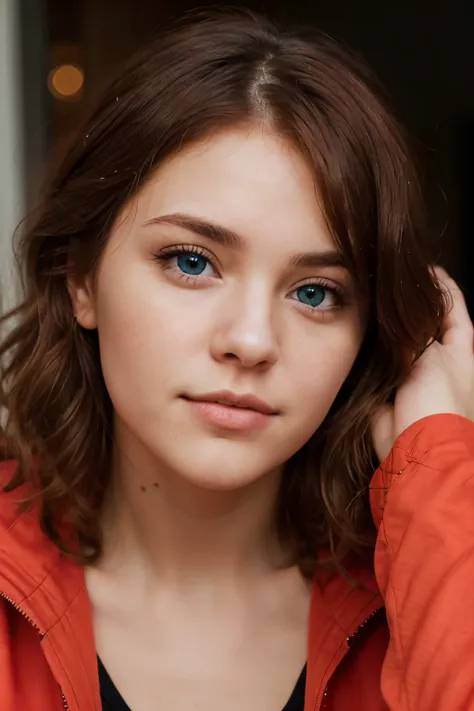 photography of a 25 year old woman, innocent face, red curly hair, blue eyes, perfect face, red jacket