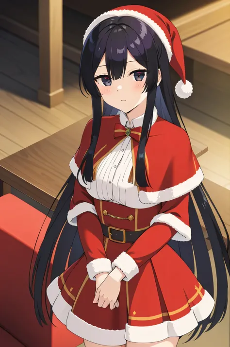 black hair,black eyes, long hair, blush, red capelet, christmas, santa dress, capelet, dress, fur-trimmed capelet, santa costume, santa hat, red dress, red headwear, bangs, breasts, fur-trimmed dress, hat, fur trim, upper body, masterpiece, best quality,