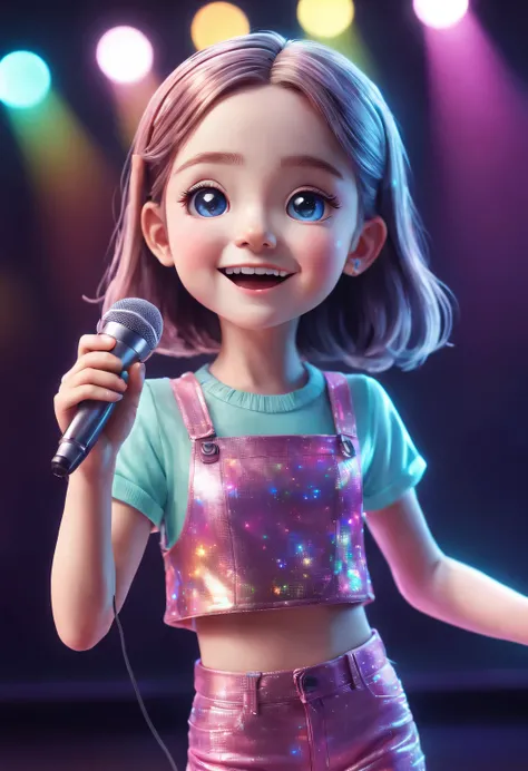 (character idea), (1 cute girl standing in front of a microphone and singing,),Holographic Color Set,smiling, big bright eyes, background with:stage,neon lights,like a dream,whimsical,like stories, Super details, pixel style, bright colors, natural soft li...