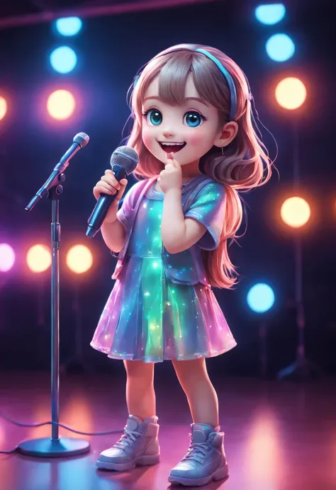 (character idea), (1 cute girl standing in front of a microphone and singing,),Holographic Color Set,smiling, big bright eyes, background with:stage,neon lights,like a dream,whimsical,like stories, Super details, pixel style, bright colors, natural soft li...