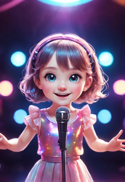 （character idea）， (1 cute girl singing with a microphone,），holographic color set,smiling, big bright eyes, background with：stage...