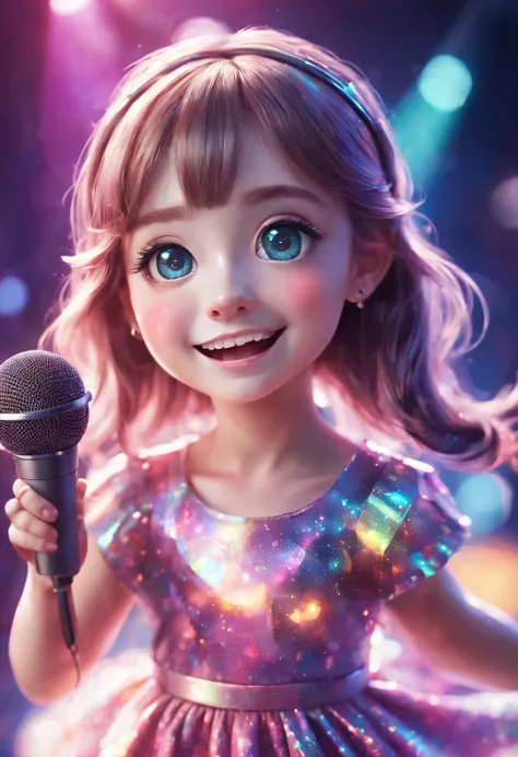 (character idea), (1 cute girl singing with a microphone,),Holographic Color Set,smiling, big bright eyes, background with:stage,neon lights,like a dream,whimsical,like stories, Super details, pixel style, bright colors, natural soft light,, 5 octane rende...