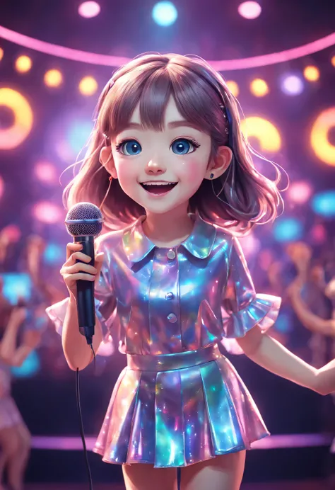 (character idea), (A cute girl holding a microphone,sing happily,),Holographic Color Set,smiling, big bright eyes, background with:stage,neon lights,like a dream,whimsical,like stories, Super details, pixel style, bright colors, natural soft light,, 5 octa...