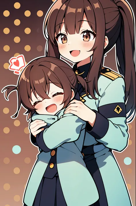 rating:safe, brown_hair, smile, open_mouth, 2girls, long_hair, closed_eyes, multiple_girls, twintails, blush, ponytail, :d, polka_dot_background, uniform, polka_dot, ^_^, brown_eyes, military_uniform