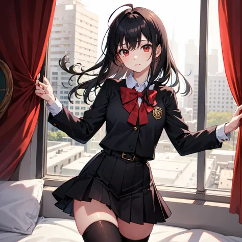 masterpiece, best quality, bishoujo, medium hair, black hair, ahoge, red eyes, black thighhighs, school uniform,