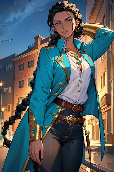 solo,woman,human female, 1girl,((black hair, long hair, braided hair)), (tan skin), young adult, slender body, Green eyes, blue pupils, detailed hair, detailed face, detailed eyes, detailed pirate coat, blue coat, sheathed, rapier, tight undershirt, long s...