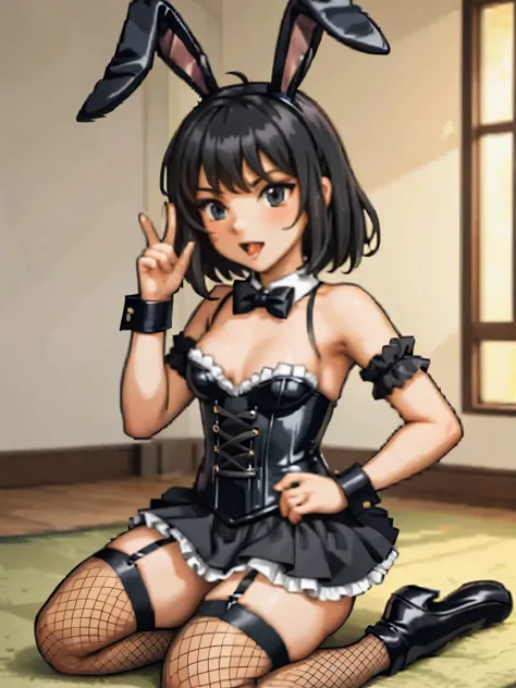 obra de arte, melhor qualidade, {melhor qualidade}, {{obra de arte}}, {high resolution}, alternate costume, armbands, black hair, bunny boy, bunny ears, bunny tail, corset, crossdressing, fake animal ears, fishnet legwear, fishnet thighhighs, fishnets fril...