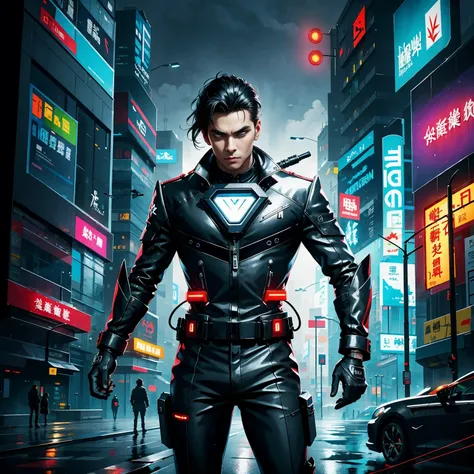 (masterpiece, best quality:1.2), Graffiti caricatures，full image, High resolution and high contrast,simple,rainy night，Futuristic male agent, His face is very determined, intense gaze, shiny black hair, Detailed futuristic silver pistol,,wearing black suit...