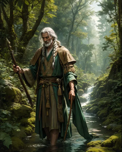 "Elder Arannis, figure of wisdom, age, and tranquility, tall and slender, slightly stooped form, fluid and graceful movements, skin weathered and etched with age, hues like tree bark, vibrant green eyes deep as the forest, white hair in loose waves with sm...