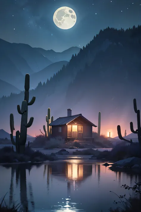 Scenery of a dark like, its night. The lake is surrounded by a desert in nevada, and there is a small cabin far away in the background. We can see something creepy surfacing from the lake. Horror, creepy, (creepy), scary, moon, sky, suggestive lighting, lo...