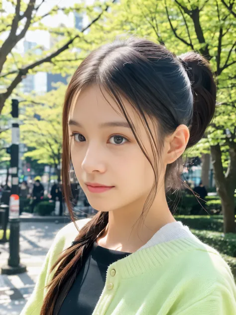 Photoreal, 8K full-length portrait, Beautiful woman, ponytail, attractive look, Clear system, 18-year-old, Tokyo, 2024, spring, Shibuya in the background