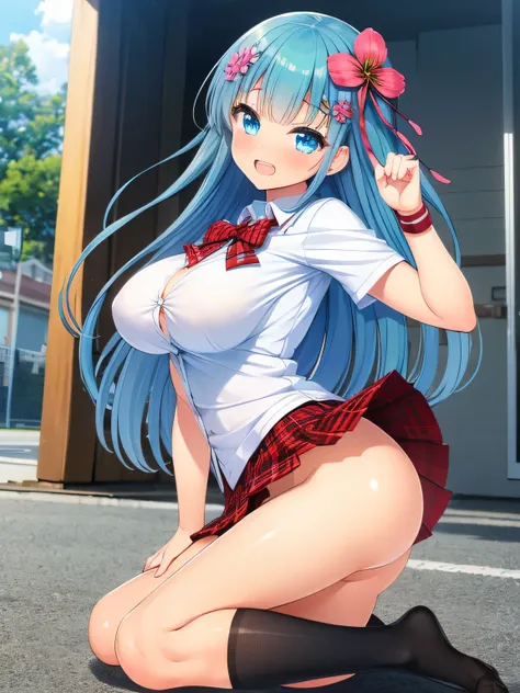 ((the best画質、the best、1 girl、Draw in detail))、 (light blue hair、long hair、straight hair、1 flower-shaped hair ornament)、((light blue eyes、Active、big breasts、low length))、(smile、open your mouth and smile)、((No panties))、(No underwear、No panties) (naked)、((sc...