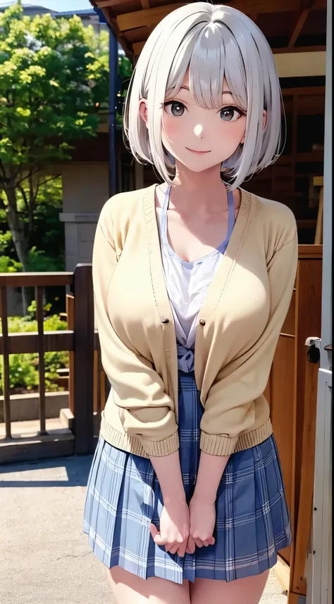 best quality, detailed face, highres, 1girl, middle breast, smile, good anatomy, looking at viewer, soft focus, cinematic lighting, depth of field, ((happy expression)), short hair, bare legs, outdoor, white hair, shirts, cardigan, long skirt