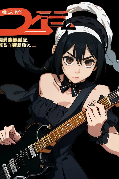 1 girl, neko-chan, (Gothic lolita style stage costume), jet black hair, (play electric guitar), ((electric guitar in hand)), best shadow, (highest quality, amazing details:1.25), ((magazine cover)), magazine title, article,