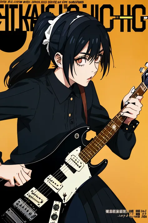 1 girl, neko-chan, (gothic lolita style stage costume), jet black hair, (play electric guitar), ((electric guitar in hand)), bes...