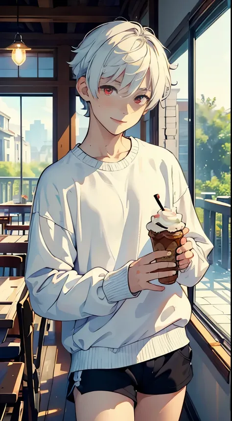 ((masterpiece)),(((best quality))), (high-quality, breathtaking),(expressive eyes, perfect face), 1boy, solo, male, short, young, small boy, short white hair, red eyes, smiling, blushing, long sleeve sweater, short shorts, indoors, eat ice cream, cute, swe...