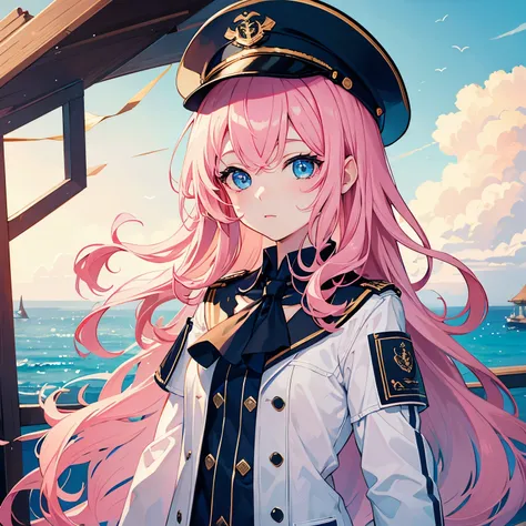 ​masterpiece、top-quality、ultra-detailliert, ship captain, 1 girl, pink hair, blue eyes, wavy hair, pale skin