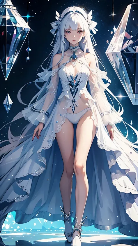 Girl crystal, chipped, shimmering inside, full height, many details, melancholy, Girl composed of crystal, white skin, full length, woman, many colors, not quite human 