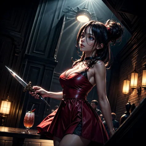 16K, ultra detailed, masterpiece, best quality, (extremely detailed), arafed, action shot, a woman spy, wearing an intricate elegant dress, red dress, sexy dress, holding a (dagger: 1.3) in a elegant, high class cocktail party background, Wide-Angle, Ultra...