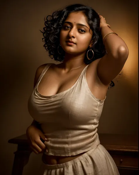 Looks like Anushka Shetty, a photo portrait of a beautiful girl with curls, styled black hair, (face portrait:1.5), dramatic light, Rembrandt lighting scheme, bust shot, linen tank top , 