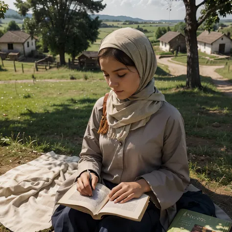 Create a picture of rural villages and a young girl wearing a modest headscarf and reading a book under a tree at the top of a hill 