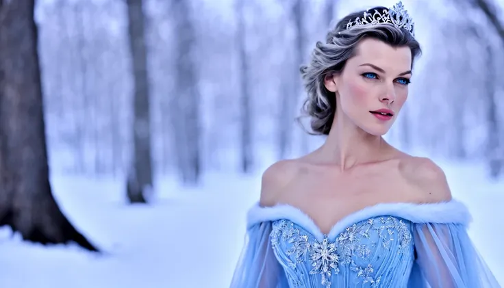 Milla Jovovich como Elsa de Frozen, (27 anos), de corpo inteiro), O vestido Azul Celeste, The skirt is long to the floor, paisagem de inverno, castelo de gelo ao fundo, noite clara e estrelada, long braided white hair, with a blue tiara on her head, (coroa...