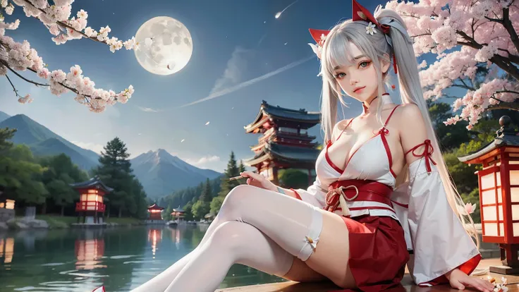 1 girl、Cute red and white shrine maiden costume, long gray hair, twin tails and bangs, Japan Traditional Hair Ornaments, cleavage, Shrine under the full moon night sky, sitting, white thigh high stockings, Lotus pond, Cherry Blossom、smile