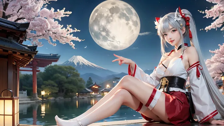 1 girl、Cute red and white shrine maiden costume, long gray hair, twin tails and bangs, Japan Traditional Hair Ornaments, cleavage, Shrine under the full moon night sky, sitting, white thigh high stockings, Lotus pond, Cherry Blossom、smile