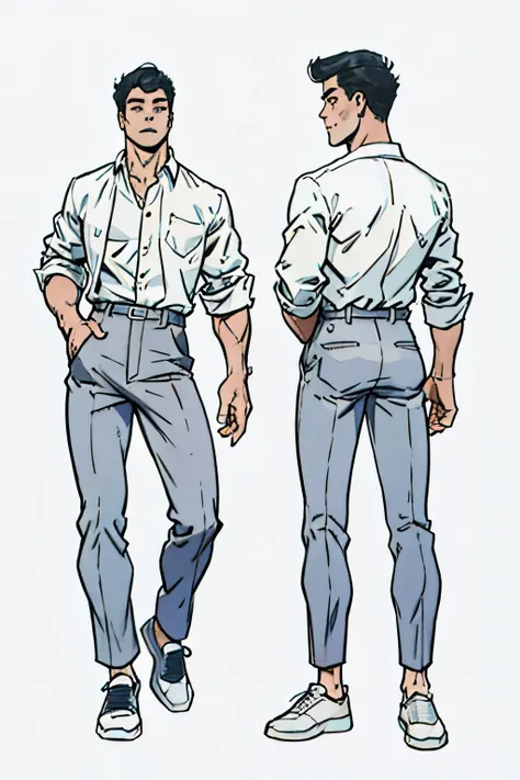 sketch of a young man 20 years old with a dress shirt and pants and shoes in different angles digital lineart