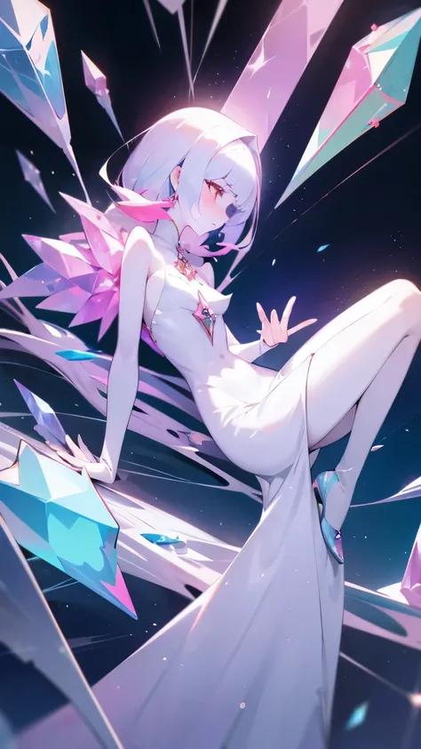 Girl crystal, chipped, shimmering inside, full height, many details, melancholy, Girl composed of crystal, white skin, full length, woman, many colors, not  human, Colorful, Gems 