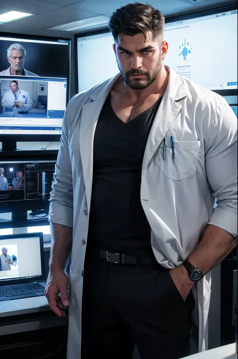 (best quality,4k,8k,highres,masterpiece:1.2),ultra-detailed,(realistic,photorealistic,photo-realistic:1.37),((massive muscular)) ((huge Muscular)) old man standing as doctor, super thick arms, super big pectoral, bulging veins, white beard and hair, wearin...